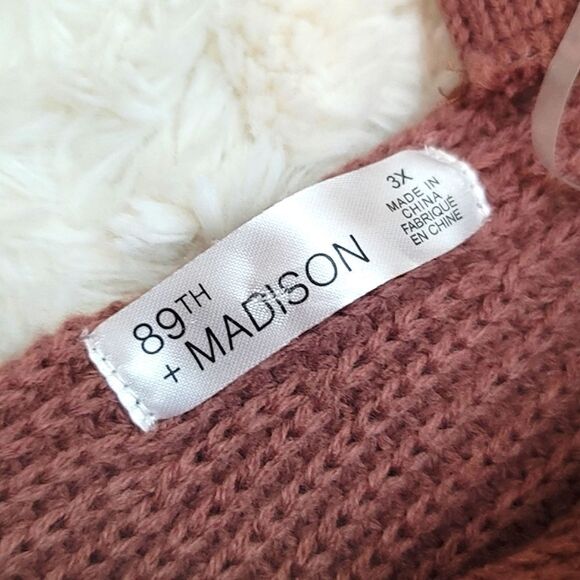 89th & Madison Rosey Mauve Faux Rhinestone Ribbed V-Neck Bishop Sleeve Sweater - Picture 7 of 8